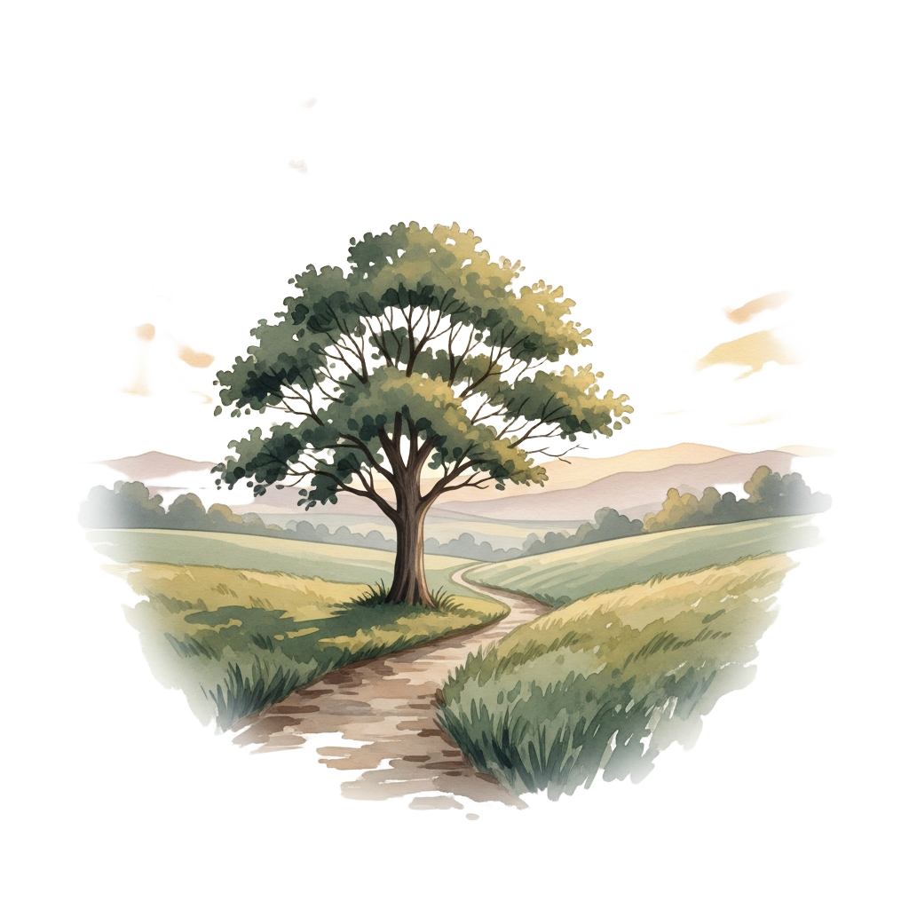 Watercolor of a tree beside a winding path at sunrise
