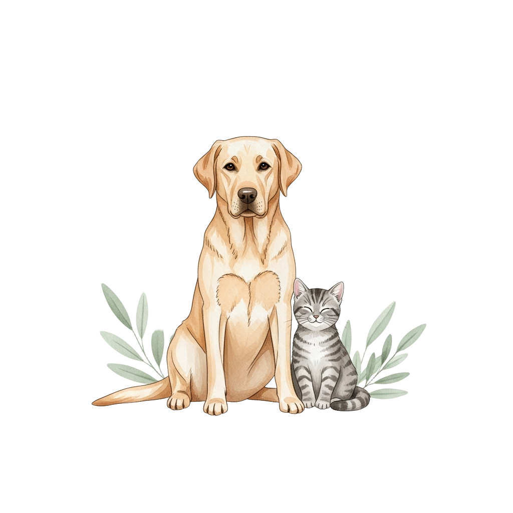 Watercolor of a dog and a cat sitting together