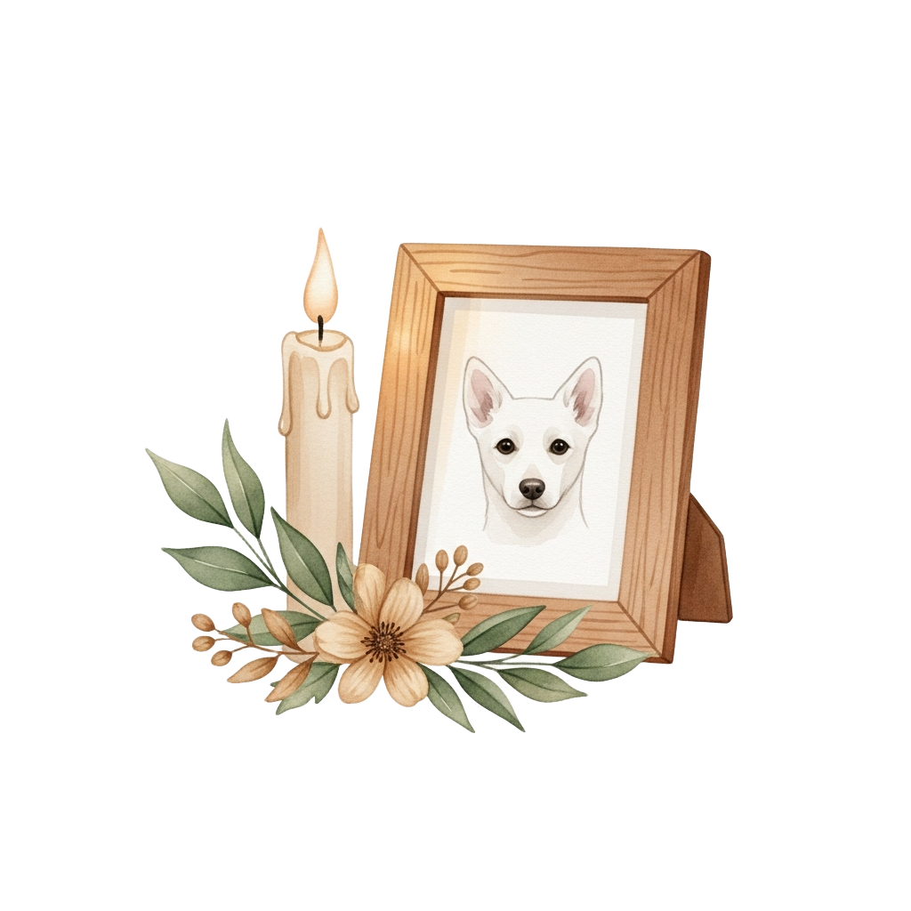 Watercolor of a candle beside a framed pet portrait with flowers