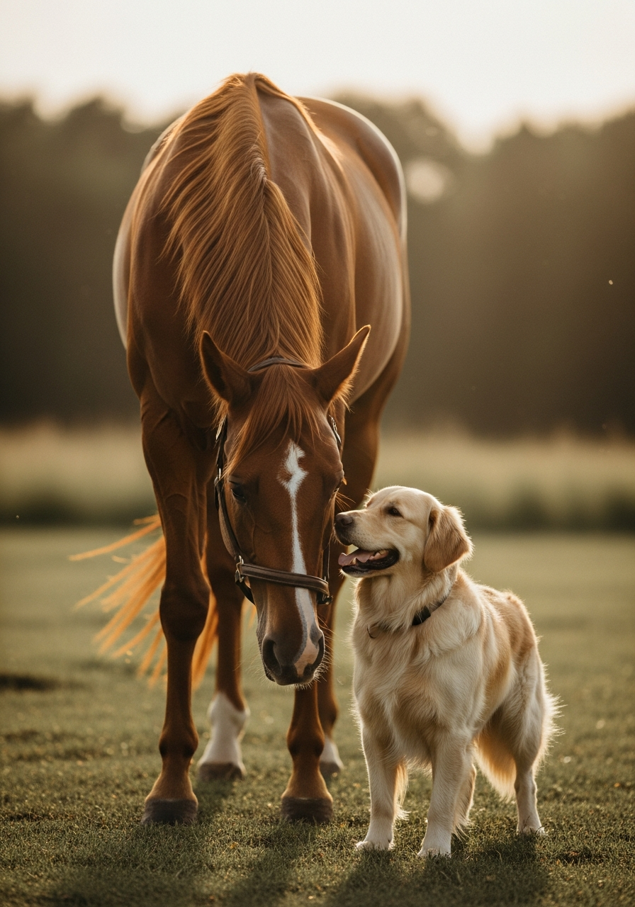 A horse and a dog standing together in a meadow at golden hour
