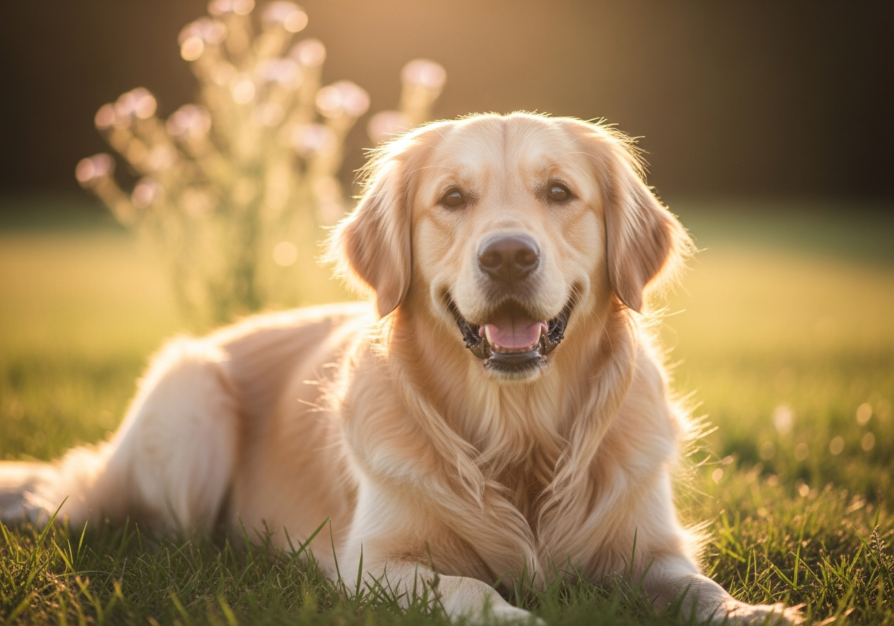 Bella, a golden retriever, resting in a sunlit meadow
