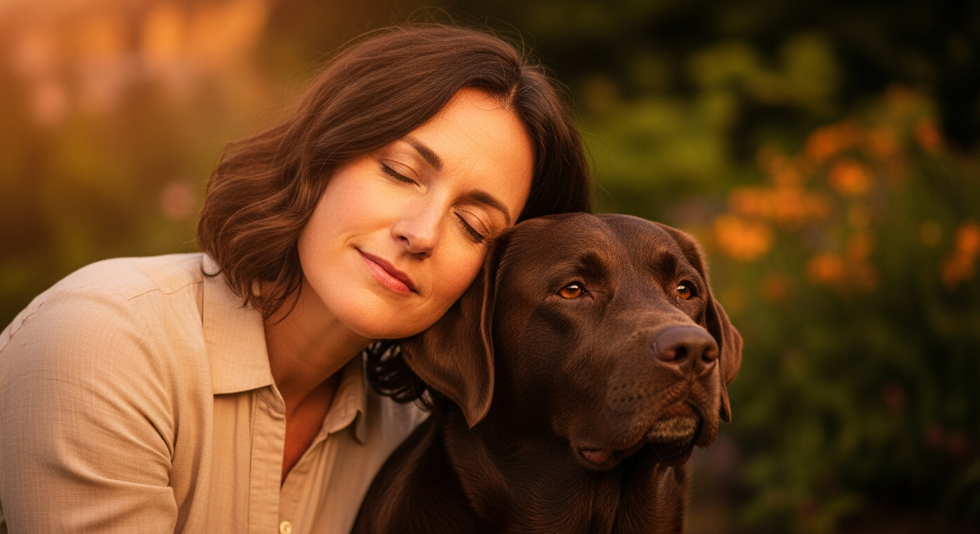A woman sharing a quiet, tender moment with her Labrador Retriever
