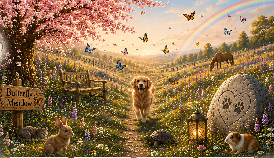 Butterfly Meadow at Rainbow Ridge: a wide rolling wildflower meadow in golden afternoon light with a cherry blossom tree, a rustic bench, a split-rail fence, a winding trail and a large rainbow, many butterflies, a carved trail sign reading Butterfly Meadow, gentle animals including a dog, cat, rabbit, horse, turtle, guinea pig and birds, and a memorial stone engraved with a heart and cat paw prints