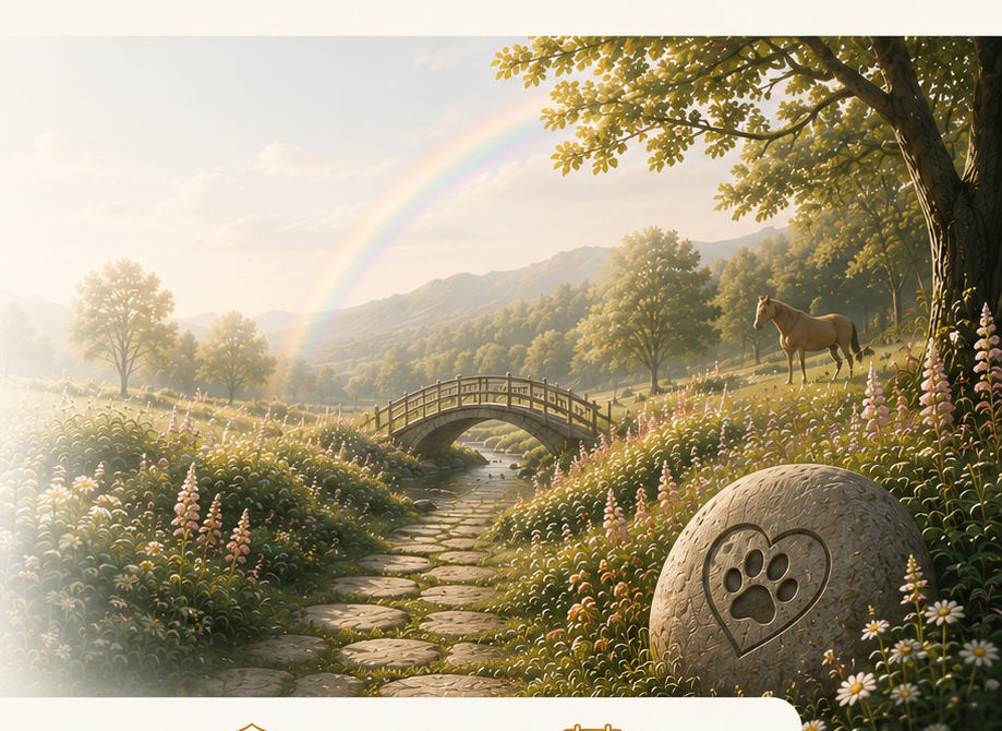 A peaceful botanical memorial garden at Rainbow Ridge: a stone path winds toward a small bridge, a dog and cat rest beside a memorial stone engraved with a heart and paw print, beneath a distant rainbow at golden hour