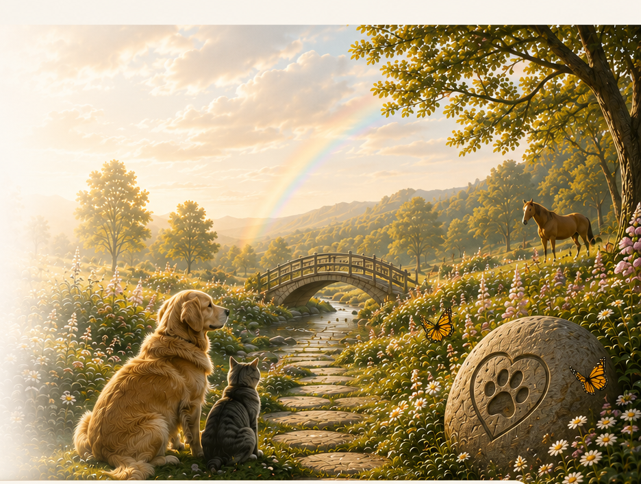 A peaceful meadow at Rainbow Ridge with a golden dog and a tabby cat sitting on a stone path, a footbridge over a creek, a horse grazing, wildflowers, butterflies, a heart-and-paw memorial stone, and a rainbow at golden hour