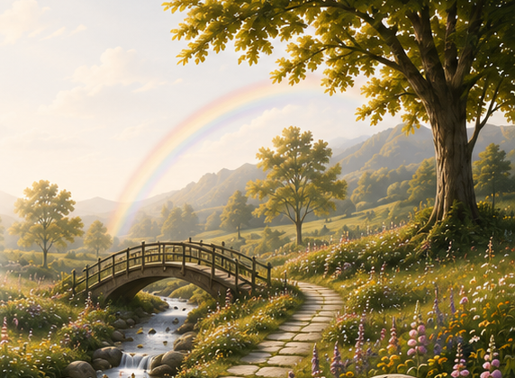 A peaceful Rainbow Ridge garden: a winding stone path and small bridge over a creek beneath a mature tree, wildflowers, a soft rainbow, and an engraved memorial stone with a heart and paw print