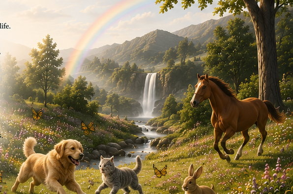 A joyful, peaceful Rainbow Ridge meadow at sunrise: a winding stone path toward a small bridge, a soft rainbow over rolling hills, wildflowers, and gentle animals including a dog, cat, rabbit, turtle, guinea pig, horse, and birds, with an engraved memorial stone bearing a heart and a paw print