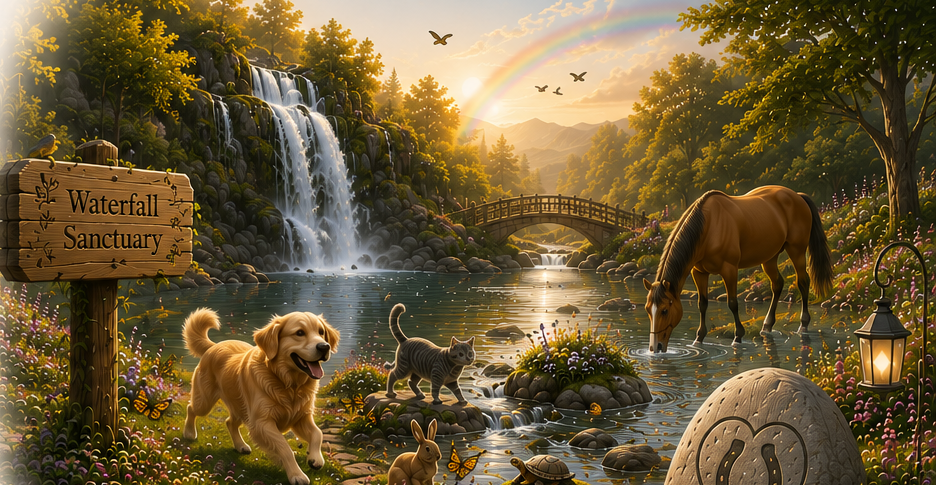 Waterfall Sanctuary at Rainbow Ridge: a large waterfall flowing into a clear reflective pool with river stones and a wooden bridge in the distance, a soft rainbow in golden evening light, a glowing memorial lantern, a carved cedar trail sign reading Waterfall Sanctuary, and a memorial stone engraved with a heart and a horse hoof print, with gentle animals including a golden retriever, a cat, a rabbit, a turtle, a guinea pig, and a horse drinking from the pool
