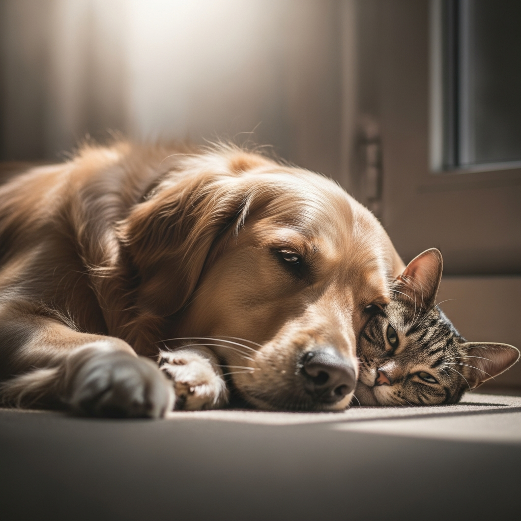 A dog resting peacefully in soft natural light